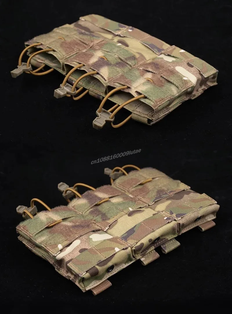Olive drab camouflage magazine pouch with leather straps shown from above