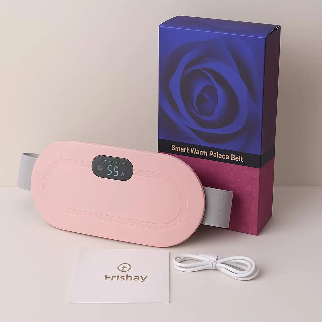 A pink smart warm palace belt device and its packaging box are shown on a light surface.
