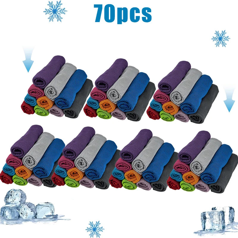 A set of 70 cooling microfiber towels in various colors and patterns, along with ice cubes.