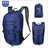 A navy blue foldable backpack with black accents shown in multiple views.