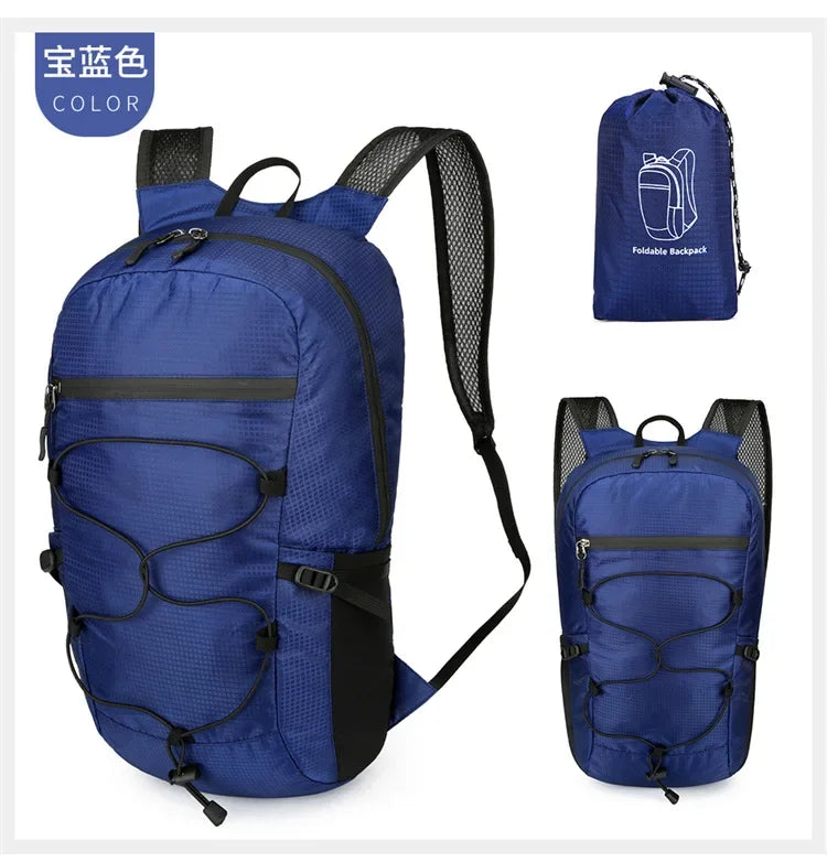 A navy blue foldable backpack with black accents shown in multiple views.