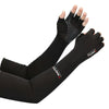 Black multi-functional sport arm sleeves worn on a hand and forearm.