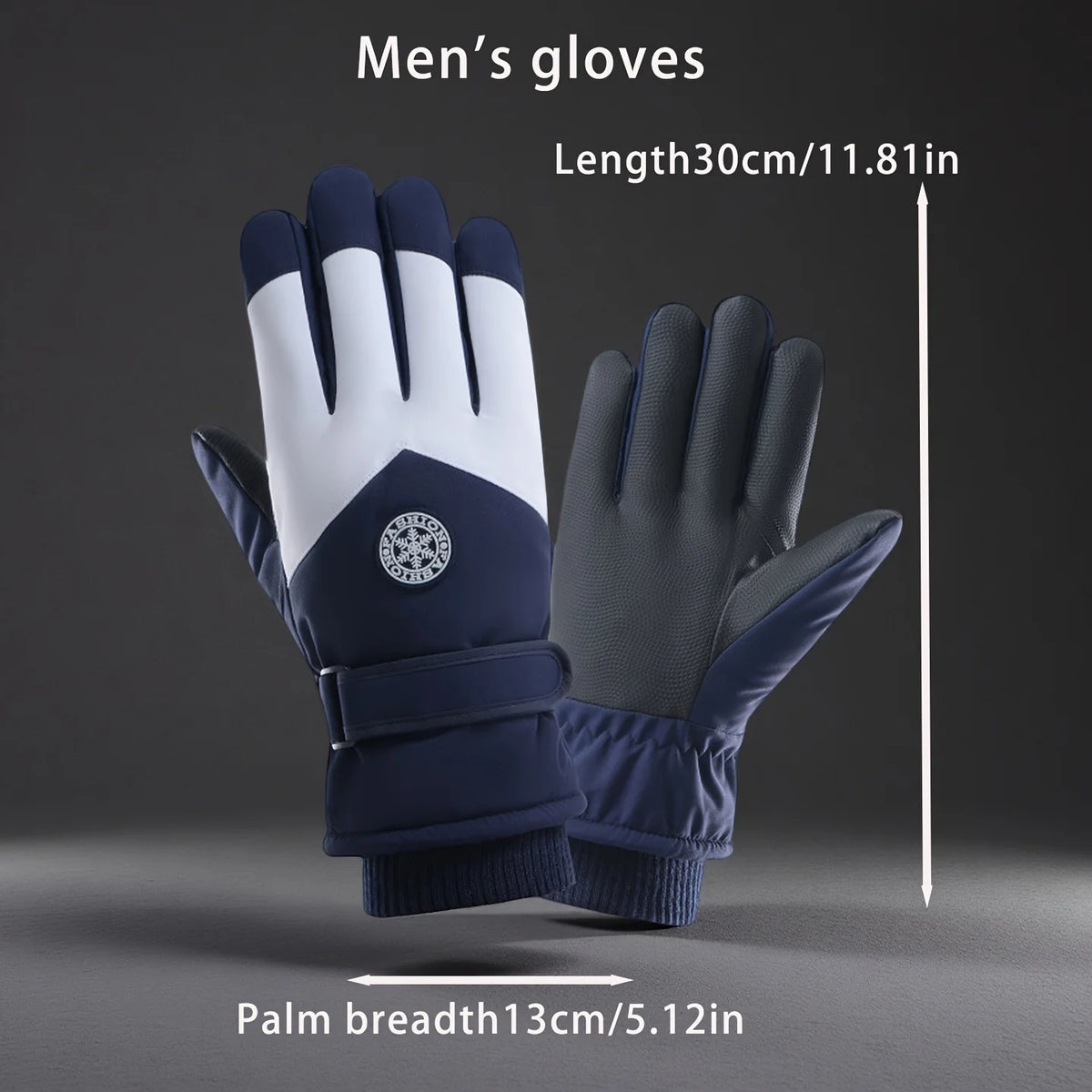 A pair of navy blue and white men's gloves shown against a dark background with dimensions provided.