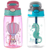 A pink cartoon straw sippy water bottle with a purple and pink striped balloon design.
