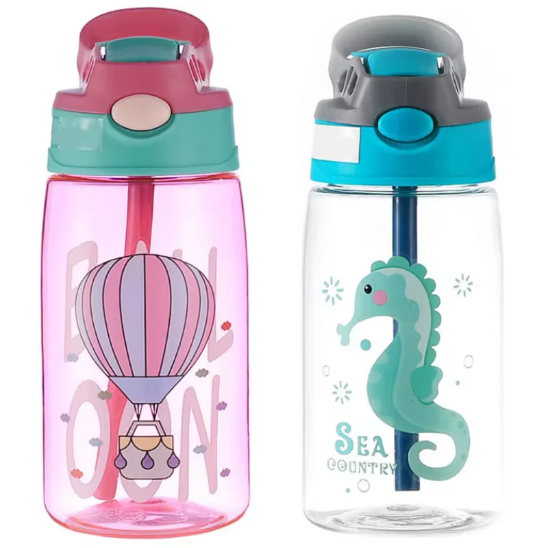 A pink cartoon straw sippy water bottle with a purple and pink striped balloon design.
