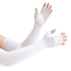 White cooling sun protection arm sleeves worn on a hand and forearm.