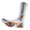A close-up view of a white athletic sock with orange and gray patterned designs.