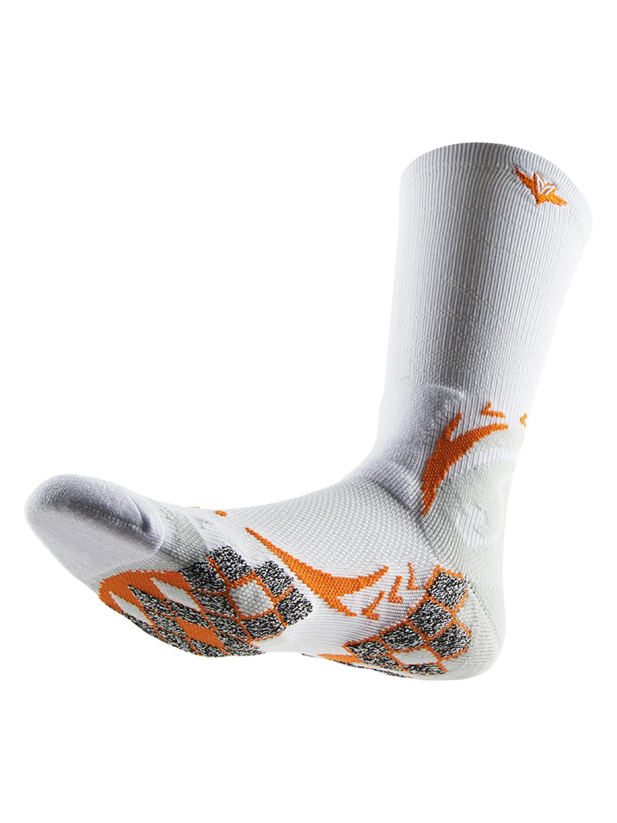A close-up view of a white athletic sock with orange and gray patterned designs.