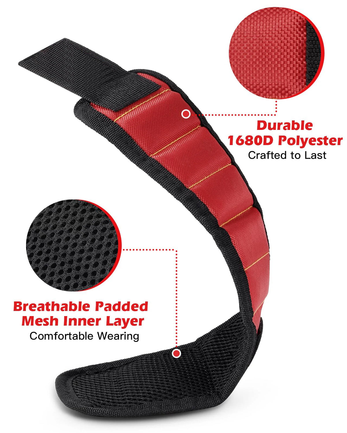 A black and red magnetic wristband with a breathable mesh inner layer for hardware storage.