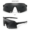 Black polarized cycling sunglasses shown from the front and side views.