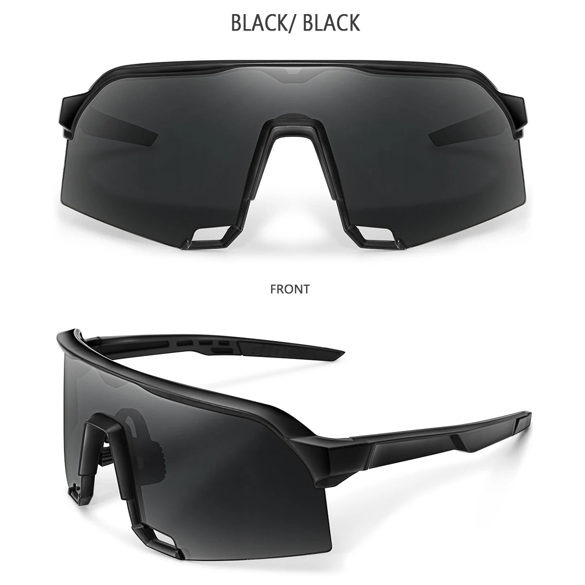 Black polarized cycling sunglasses shown from the front and side views.
