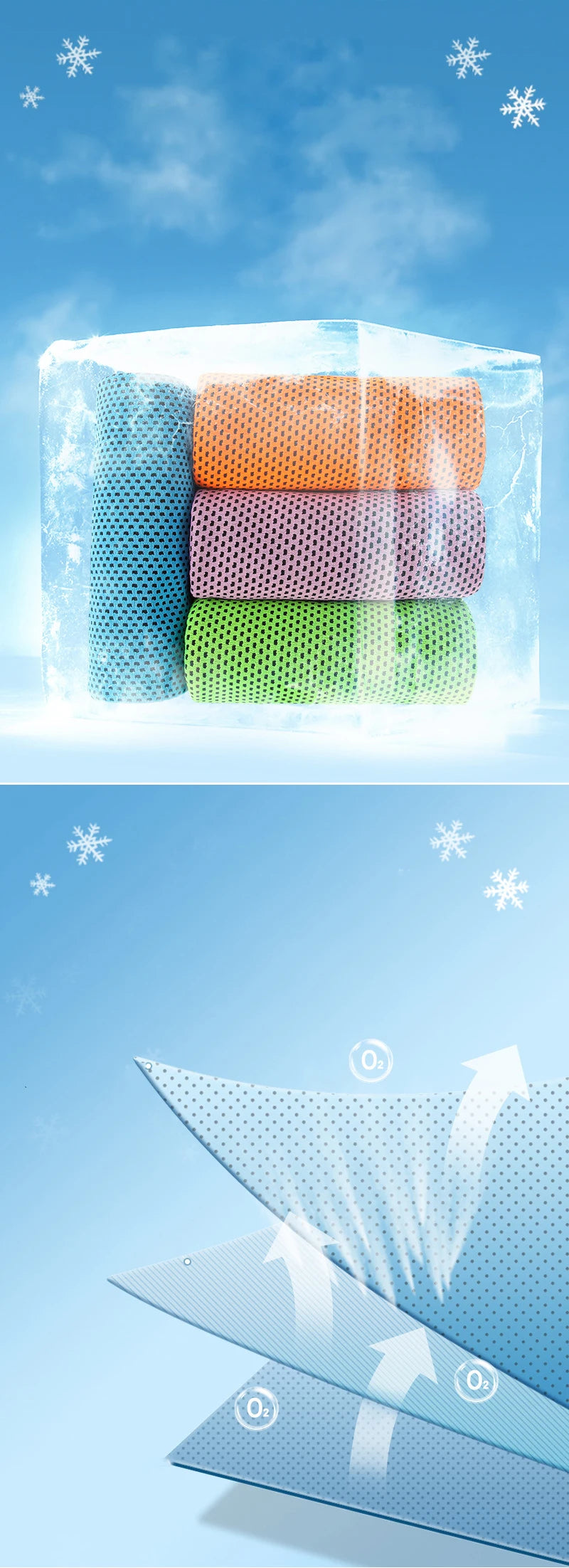 Trois serviettes en microfibre orange, violette et verte sont emprisonnées dans un bloc de glace.