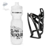 Bouteille d'eau de vélo blanche et durable avec un support noir.