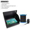 A black handheld underwater fishing camera is shown open, displaying a fish, with an attached fishing line spool nearby.