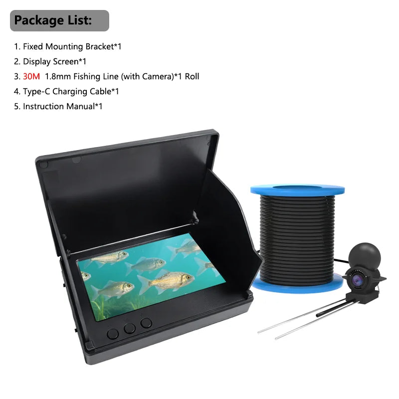 A black handheld underwater fishing camera is shown open, displaying a fish, with an attached fishing line spool nearby.