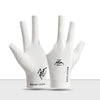 A pair of white Mount Zion 3-finger billiard cue gloves displayed against a white background.