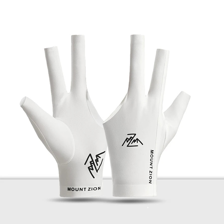 A pair of white Mount Zion 3-finger billiard cue gloves displayed against a white background.