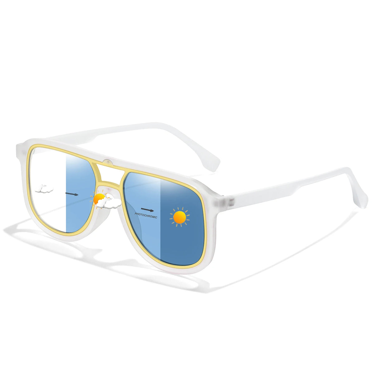 Square photochromic sunglasses with blue lenses and white frames