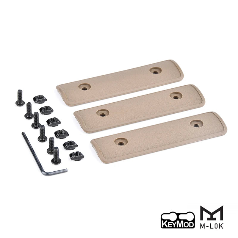 Tactical rail panel kit for airsoft guns showing several beige mounting plates and screws
