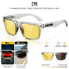 Transparent gray photochromic sunglasses with yellow lenses shown in various light conditions