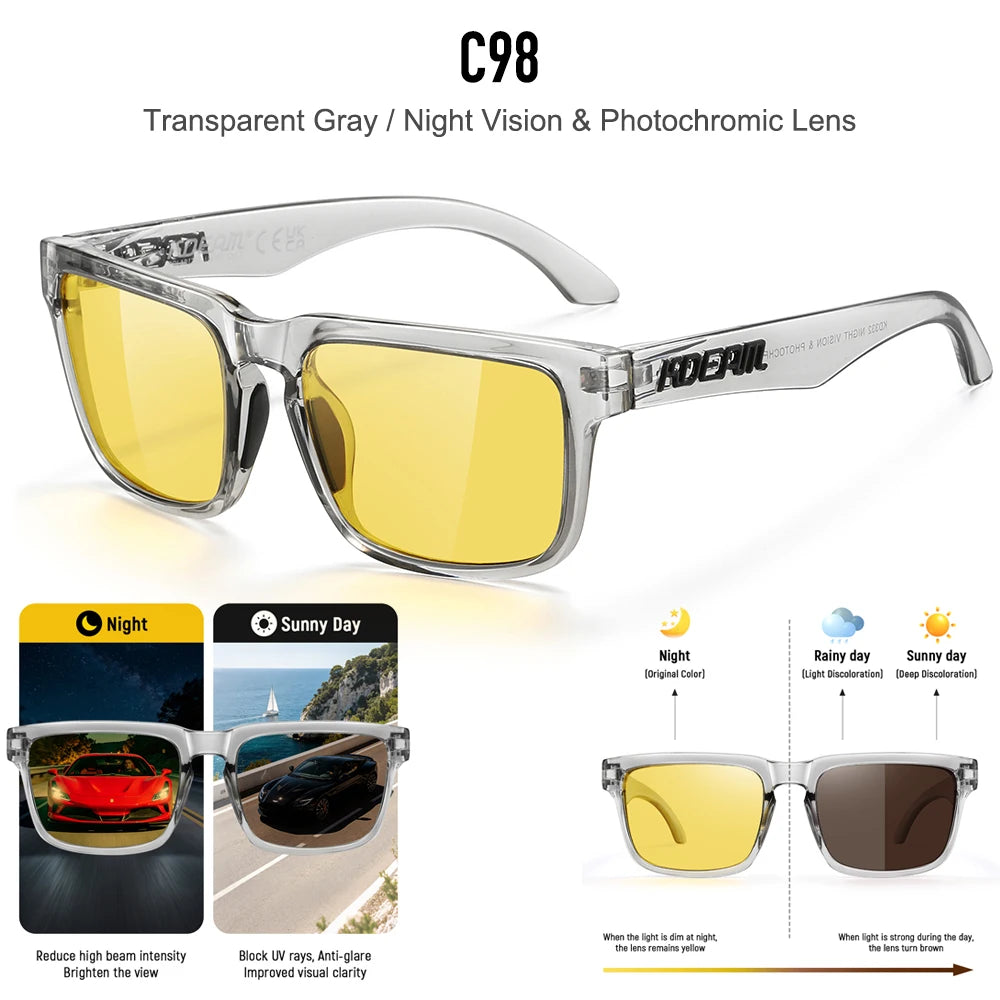 Transparent gray photochromic sunglasses with yellow lenses shown in various light conditions