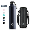 A dark blue 1000ml stainless steel insulated thermos bottle and a matching black carrying sleeve.