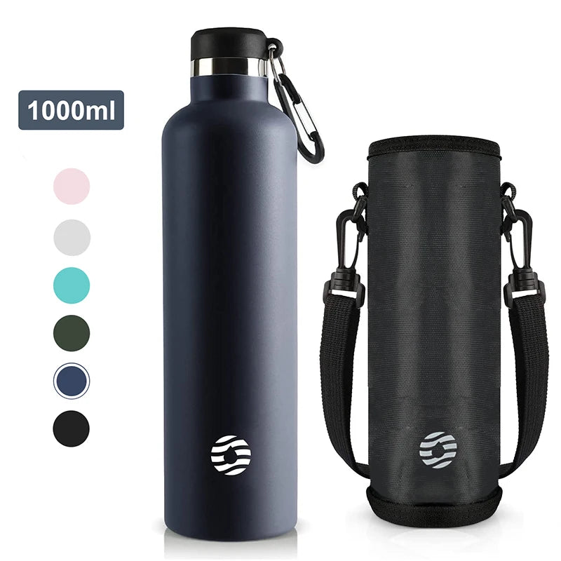 A dark blue 1000ml stainless steel insulated thermos bottle and a matching black carrying sleeve.