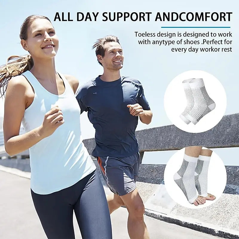 A woman and a man are jogging outdoors, with close-ups of ankle compression socks shown.