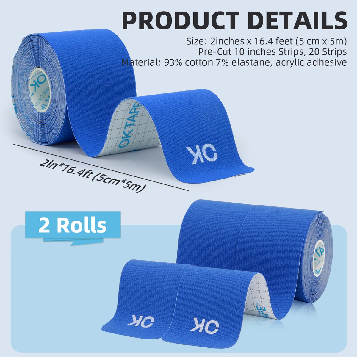 Rolls of blue kinesiology tape showing the material details and application on skin.