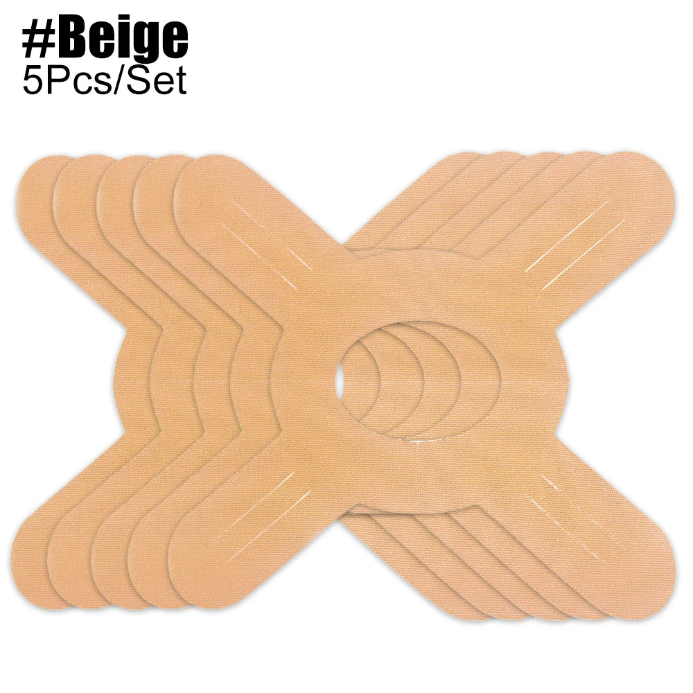 A set of five beige kinesiology tape patches shaped like a star or flower for knee support.