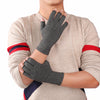 A person wearing gray fingerless compression gloves on their hands and wrists, with red and blue accents on the sleeves of a 