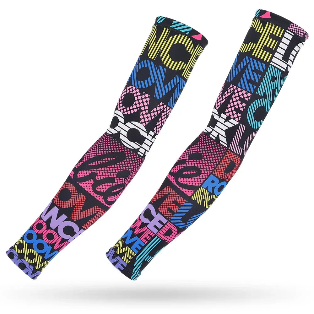 A pair of black and pink patterned ice silk arm sleeves for sun and heat protection.