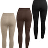 A 3 pack of seamless high-waisted yoga leggings in beige, brown, and black.