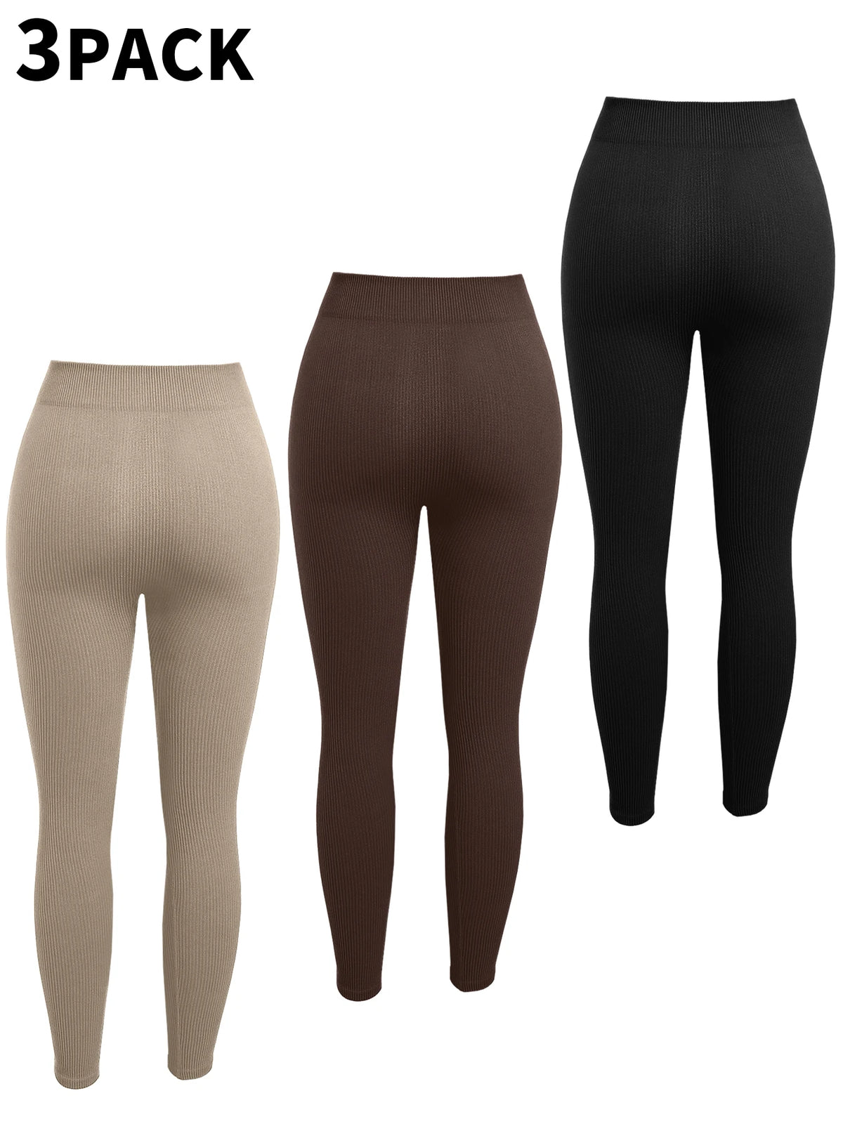 A 3 pack of seamless high-waisted yoga leggings in beige, brown, and black.