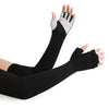 Black cooling sun protection arm sleeves worn on a hand and forearm.