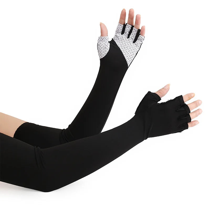 Black cooling sun protection arm sleeves worn on a hand and forearm.