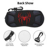 Black back show pouch featuring a red spider web design and a zipper closure.
