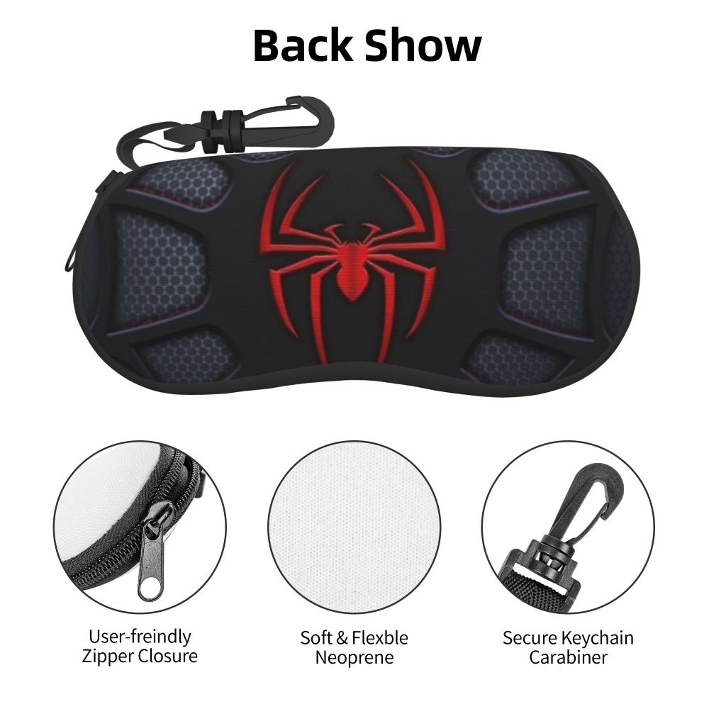 Black back show pouch featuring a red spider web design and a zipper closure.