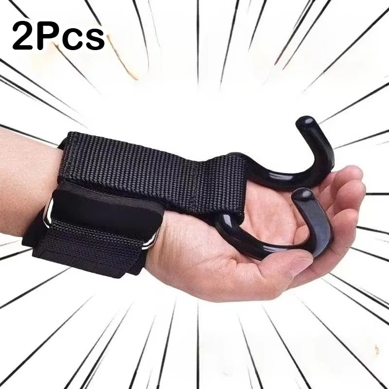 Zwei schwarze, verstellbare Gewichthebeflächenhakengriffe mit Handgelenkbinden in einer Hand gehalten.