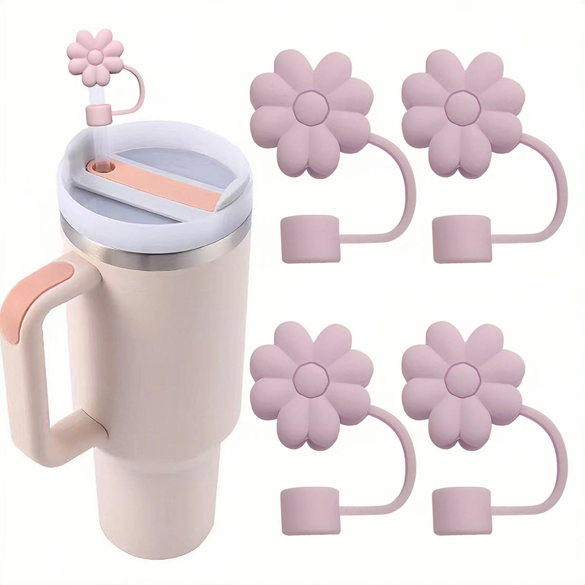 A pink silicone straw cover set for tumblers and water bottles, showing a main straw cover and several flower-shaped silicone