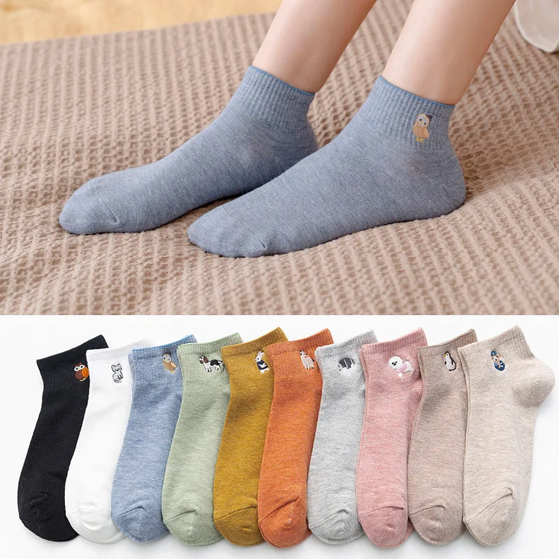 A collection of embroidered cotton socks in various colors and styles for women