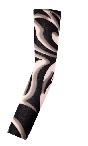 A black and white striped long seamless tattoo sleeve for sun protection