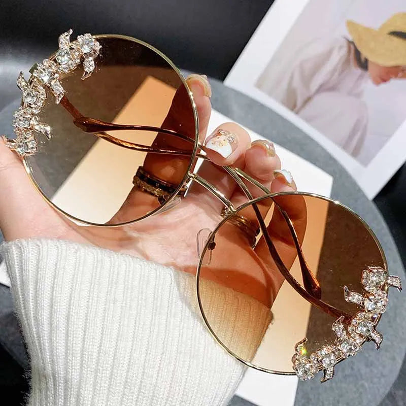 Women's Rhinestone Oversized Round Sunglasses with UV400 Protection
