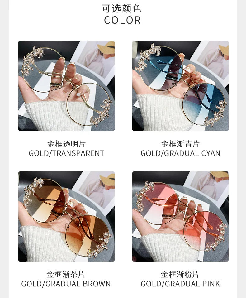 Women's Rhinestone Oversized Round Sunglasses with UV400 Protection