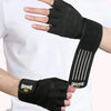 Black anti-slip weightlifting hand protection gloves worn on a person's hand.