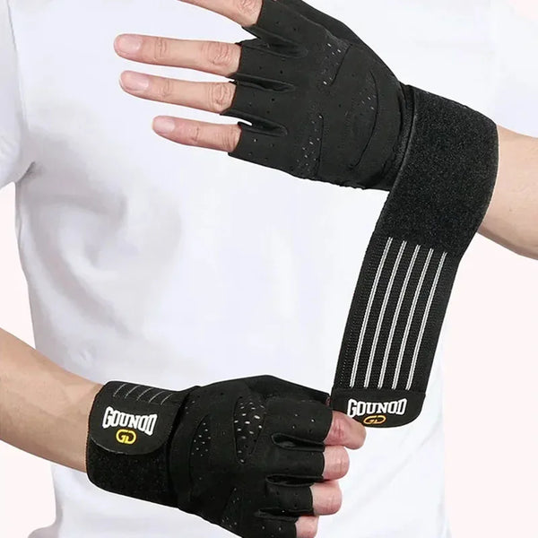 Black anti-slip weightlifting hand protection gloves worn on a person's hand.