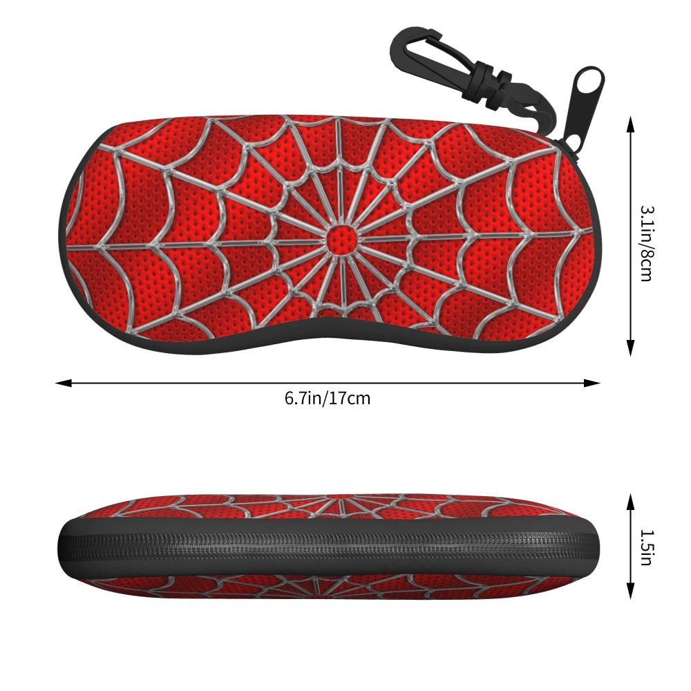 A red spider web patterned pouch designed to hold eyeglasses, shown in a flat and folded view.