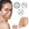 Roll of tan kinesiology tape for facial lifting and wrinkle reduction with usage instructions