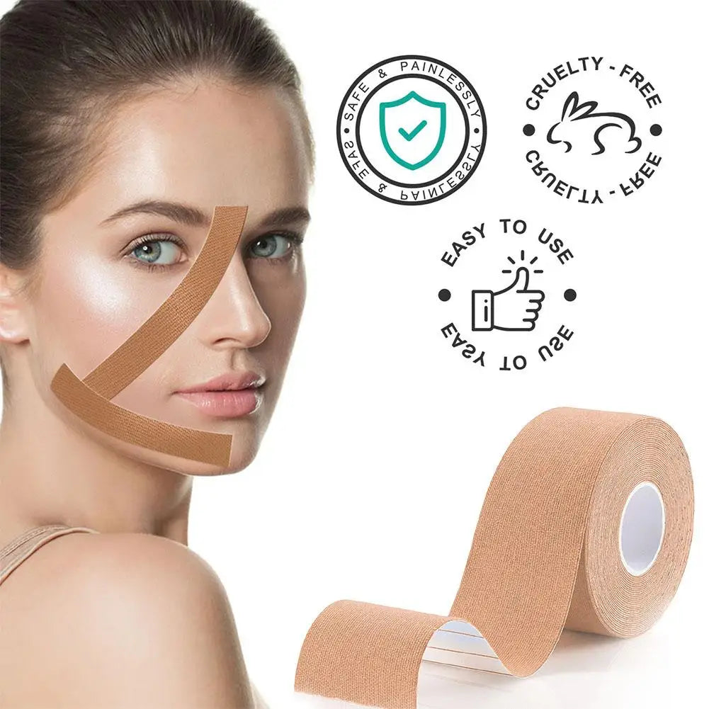 Roll of tan kinesiology tape for facial lifting and wrinkle reduction with usage instructions