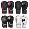 A set of black and white boxing training gloves shown in various styles and colors.